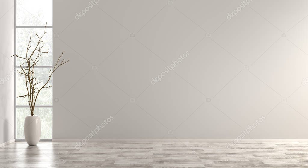 Empty interior background, room with beige wall, vase with branch and window 3d rendering