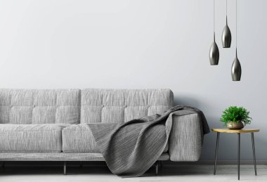Gri kanepe oturma odası, ahşap sehpa kopya alanı 3d render ile mavi duvarın üzerinden modern iç