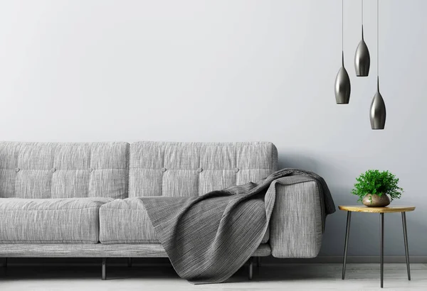 灰色のソファー付きのリビング ルーム 木製のコーヒー テーブルをコピー スペース レンダリングと青い壁のモダンなインテリア — ストック写真