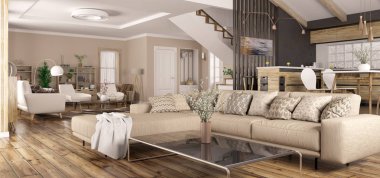 İç modern ev panoramik 3d render