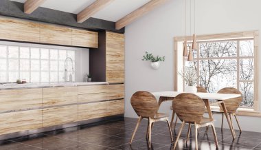 Modern ahşap mutfak iç 3d render