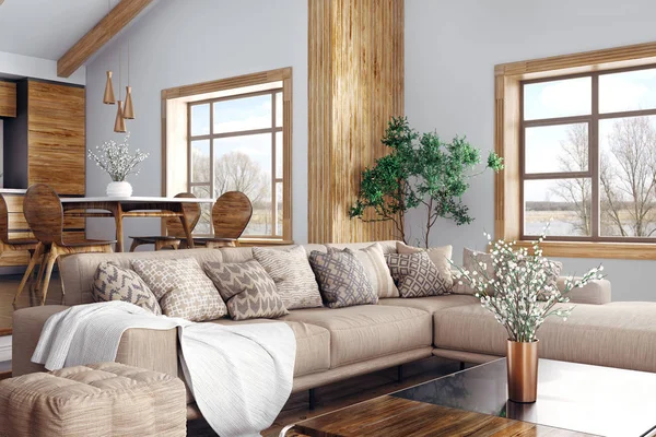 Interior da moderna sala de estar e cozinha 3d renderização — Fotografia de Stock
