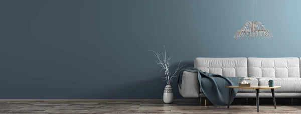 Intérieur du salon avec canapé blanc, table basse en bois, va — Photo