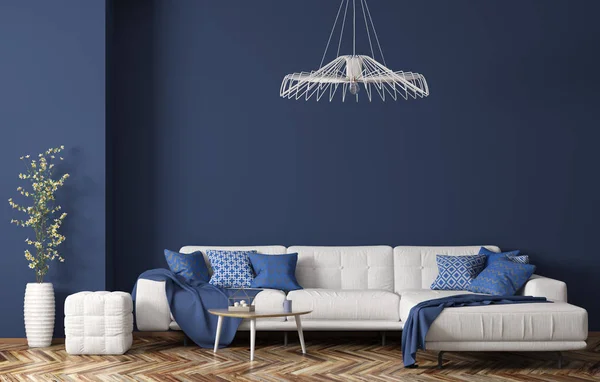 Interior de la moderna sala de estar con sofá de tela blanca sobre azul —  Fotos de Stock