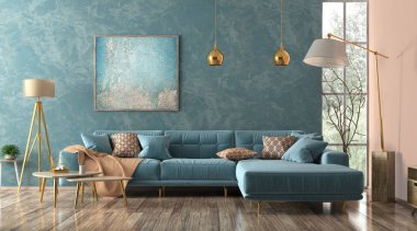 Mavi koltuk 3d render ile oturma odası iç