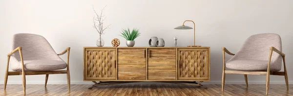 Interno con armadio in legno e poltrone rendering 3d — Foto Stock