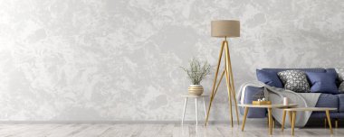 Mavi kanepe panorama 3d render ile oturma odası modern iç