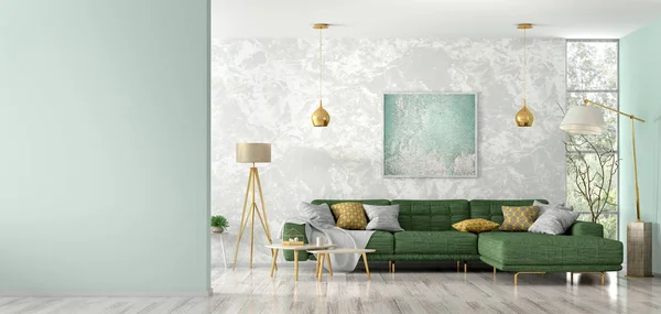 Interiör av vardagsrum med grön soffa 3D rendering — Stockfoto