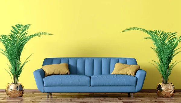 Современный интерьер гостиной с синим диваном и пальмами — стоковое фото