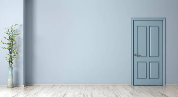 Szoba belső háttere a kék fallal, ajtóval és vázával p — Stock Fotó