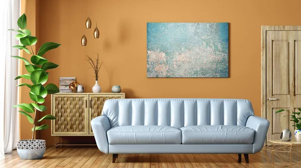 现代客厅与蓝色沙发 3d 渲染的内部 — 图库照片