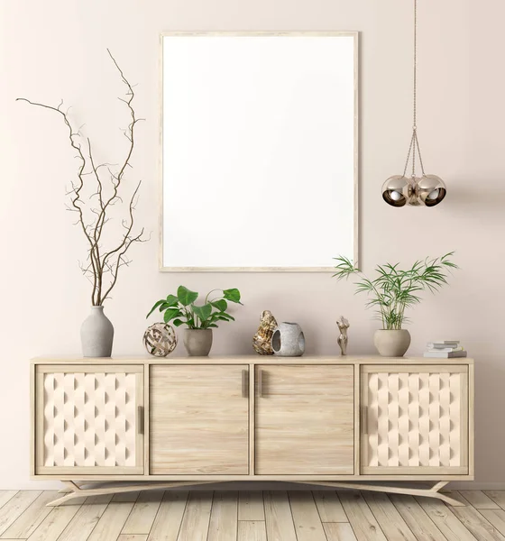 Interior com cômoda de madeira e cartaz 3d renderização — Fotografia de Stock