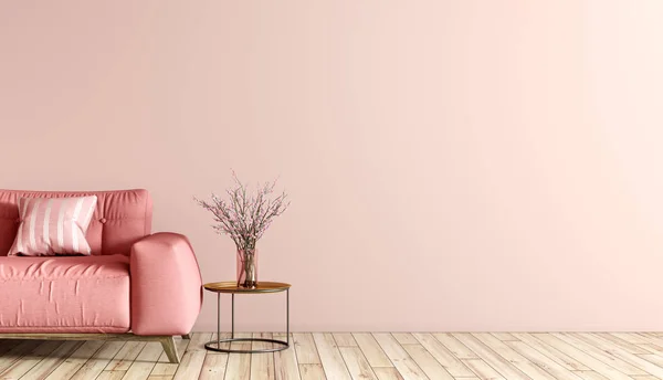Wnętrze salonu z różową sofą renderowania 3D — Zdjęcie stockowe