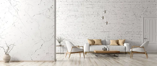Інтер'єр вітальні з білим диваном 3d візуалізація — стокове фото