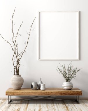 Ahşap yan masa ile Iç ve poster 3d render kadar mock