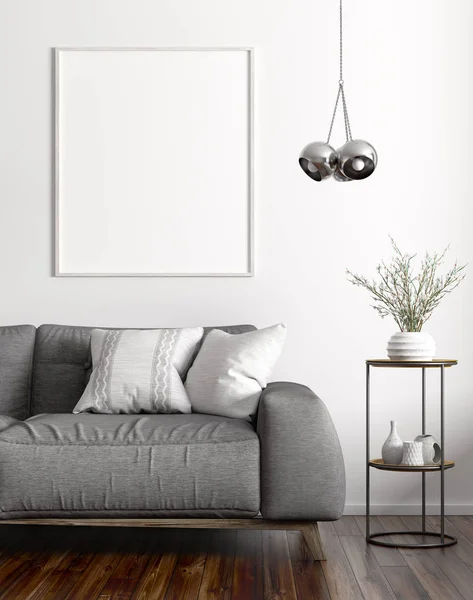 Interiér obývacího pokoje s pohovkou a vzorovou renderin 3d plakát — Stock fotografie
