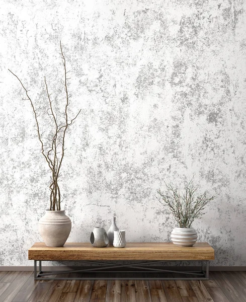 Interno con tavolino in legno contro muro in cemento 3d renderi — Foto Stock