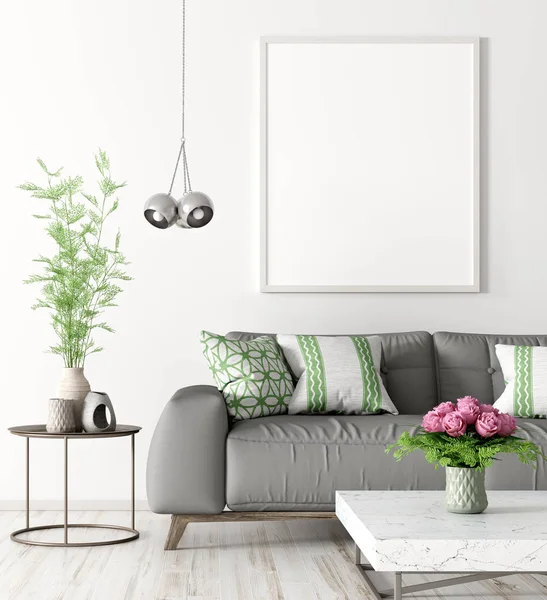 客厅内的沙发和模拟海报 3d renderin — 图库照片