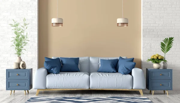 Interiér obývacího pokoje s modrou pohovkou 3d vykreslování — Stock fotografie