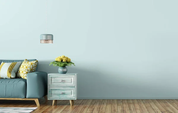 Interno del soggiorno con divano blu e cassapanca rendering 3d — Foto Stock