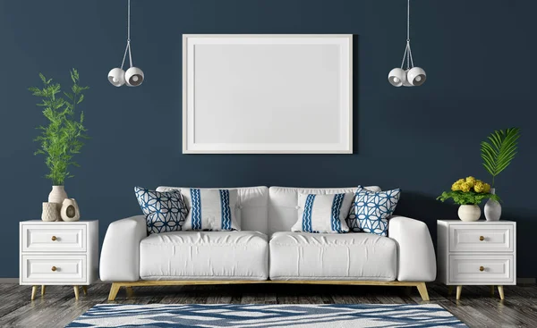 Interior of living room with white sofa, two chests and empty mo — Stock Photo, Image