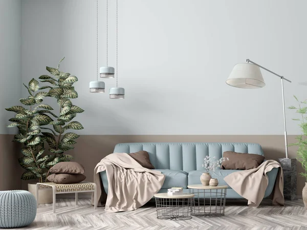 Interiér moderního obývacího pokoje s modrou pohovkou 3d vykreslování — Stock fotografie