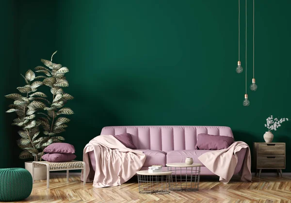 Belseje modern nappali rózsaszín kanapé 3D renderelés — Stock Fotó