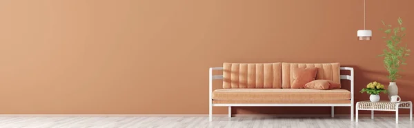 Intérieur du salon avec canapé en corail et table basse panorama — Photo