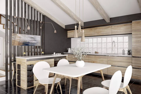 Moderna cozinha de madeira interior 3d renderização — Fotografia de Stock