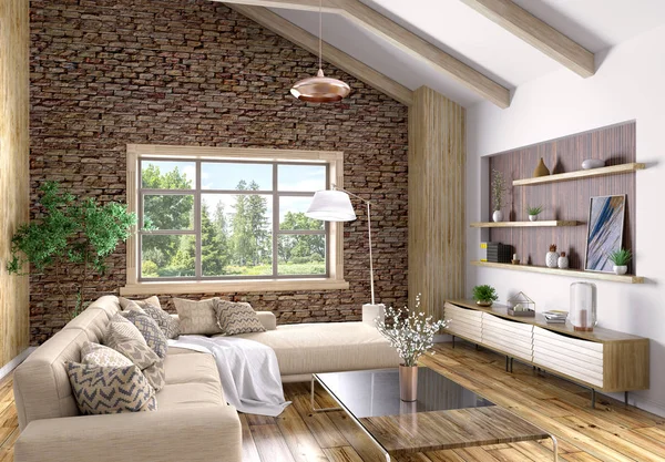 Interno del moderno soggiorno rendering 3D — Foto Stock