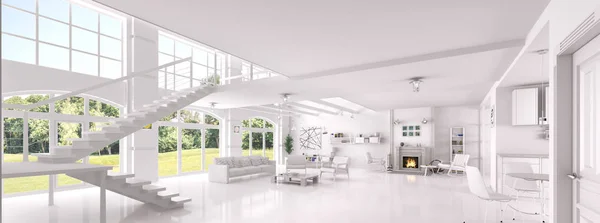 Interior of white living room panorama 3d rendering — Stock Photo, Image