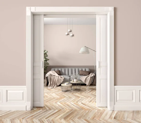 Açık kapılar 3d render ile oturma odası iç — Stok fotoğraf
