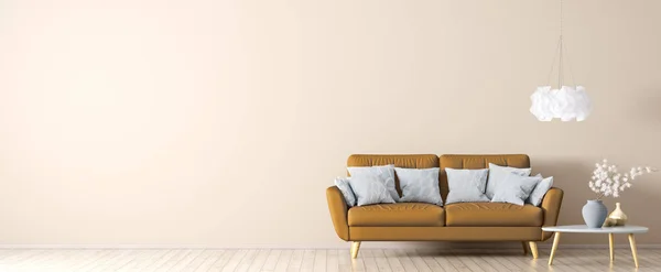 Innenraum mit orangefarbenem Sofa und Couchtisch 3D-Rendering — Stockfoto