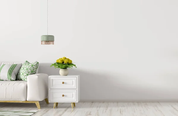 Interior of living room with white sofa against white wall with