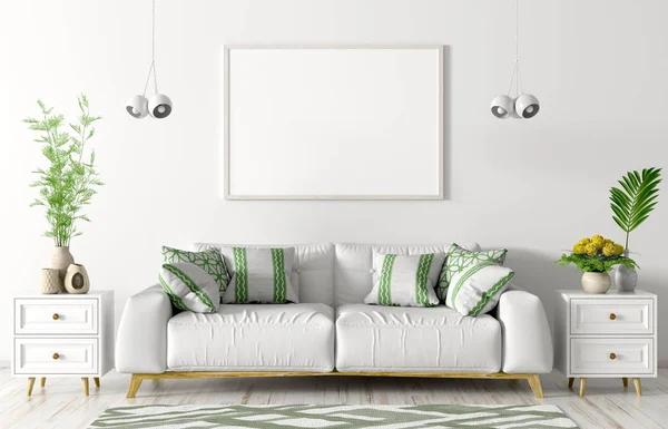 Интерьер гостиной с белым диваном, двумя сундуками и пустой мо — стоковое фото