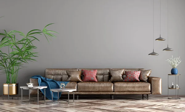 Interior Design Moderno Appartamento Soggiorno Con Divano Pelle Marrone Casa — Foto Stock