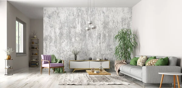 Modern interior design of scandinavian apartment, living room with grey sofa, sideboard and violet armchair, home 3d rendering