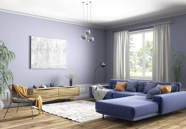 Skandinav Apartmanının Modern Tasarımı Oturma Odası Mavi Kanepe Büfe Siyah — Stok fotoğraf