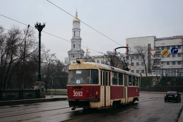 Kharkiv Ukraine April 2016 Old Post Ussr Tram Rainy Weather — Stock Photo, Image