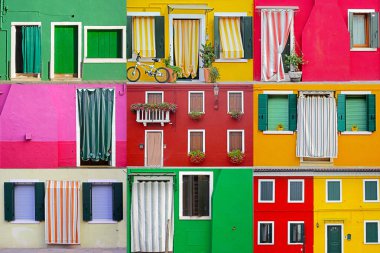 burano Adası güneşli sokak, renkli binalar ayarla
