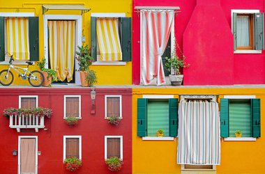 burano Adası güneşli sokak, renkli binalar ayarla