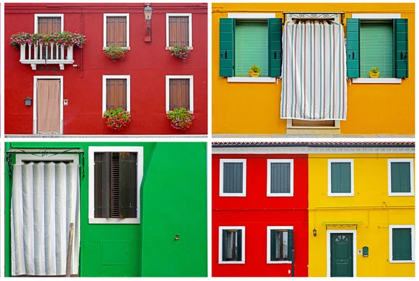 Burano Adası Güneşli Sokak Renkli Binalar Ayarla — Stok fotoğraf