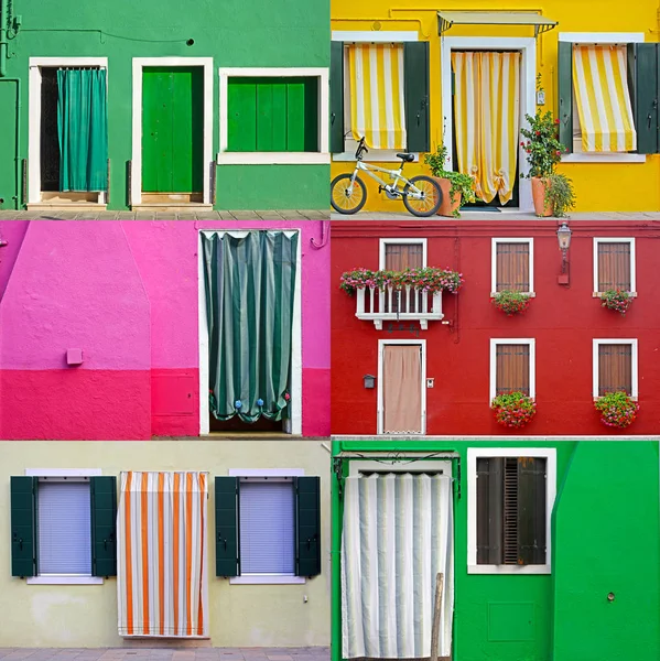 Colorful Buildings Burano Island Sunny Street Set — Stock Photo, Image