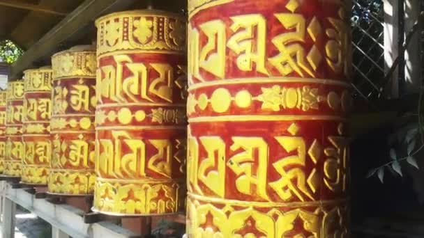 Tibetan Prayer Wheels Prayer Rolls Faithful Buddhists Sanskrit Writing Mani — Stock Video