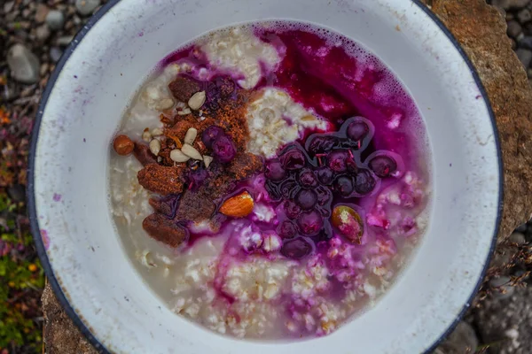 Café Manhã Natureza Vida Selvagem Com Porrige Bagas Frescas — Fotografia de Stock