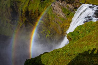 Skogafoss Şelalesi ve İzlanda'daki güneşli günde raibow