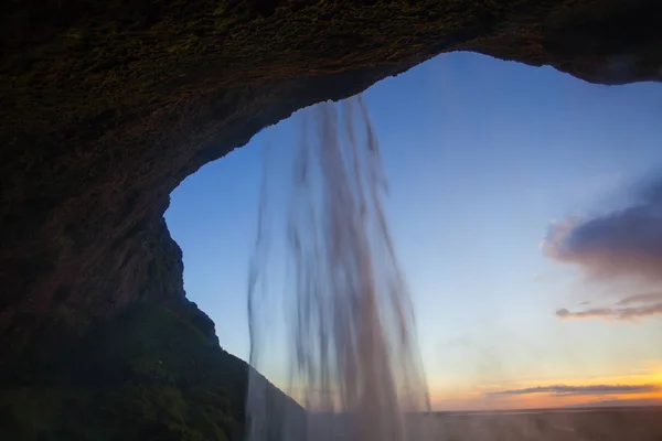 Wodospad Seljalandsfoss Podczas Zachodu Słońca Islandia — Zdjęcie stockowe