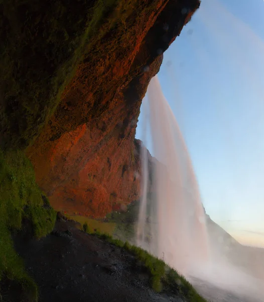 Wodospad Seljalandsfoss Podczas Zachodu Słońca Islandia — Zdjęcie stockowe