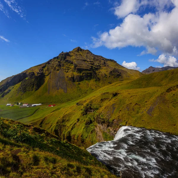 Skogafoss Vattenfall Och Raibow Solig Dag Island — Stockfoto