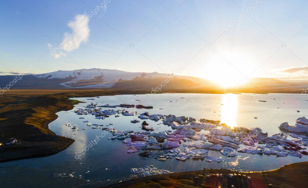 Glacier lagoon in Iceland suring the sunset